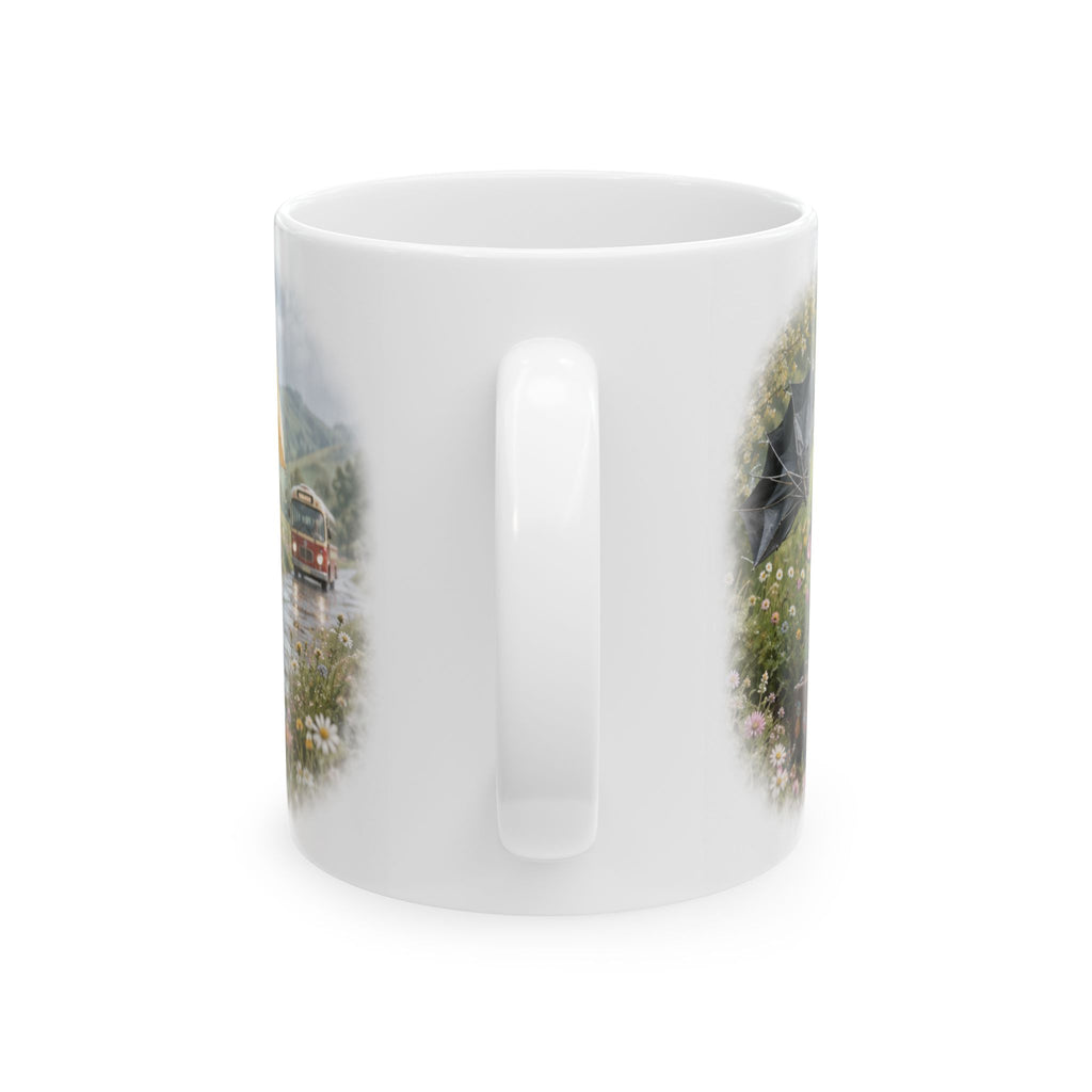 Rainy Day Ceramic Mug – Cute Kitten Bus Stop Adventure