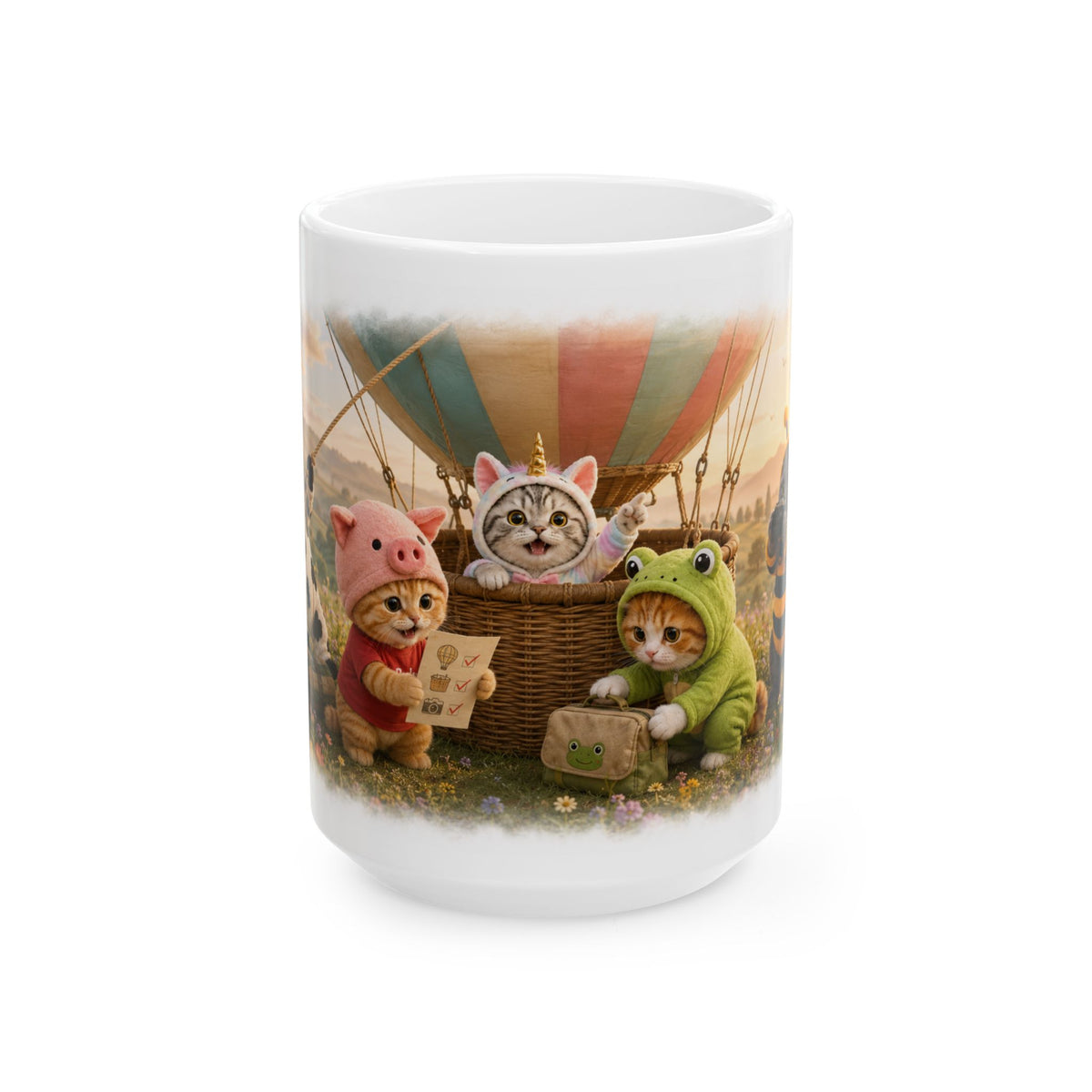 Hot Air Balloon Ceramic Mug – Cute Kitten Travel Adventure