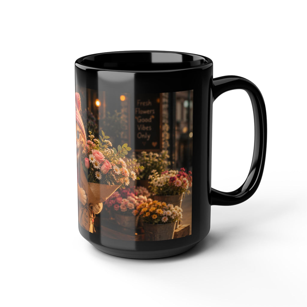 Porky with Flowers — Black Ceramic Mug