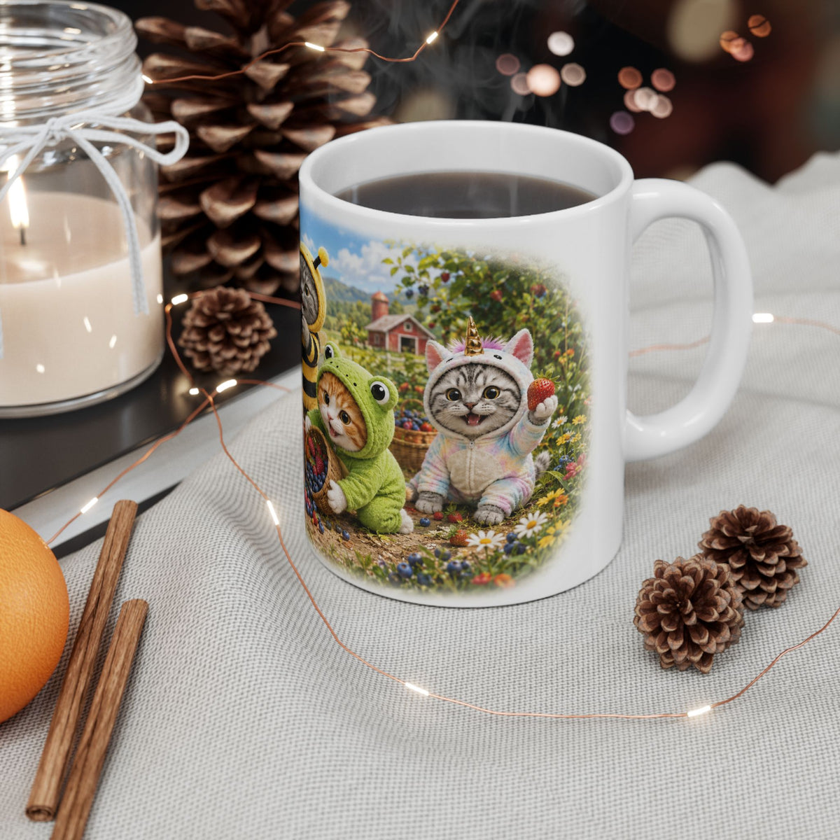 Berry Picking Ceramic Mug – Cute Kitten Farm Adventure