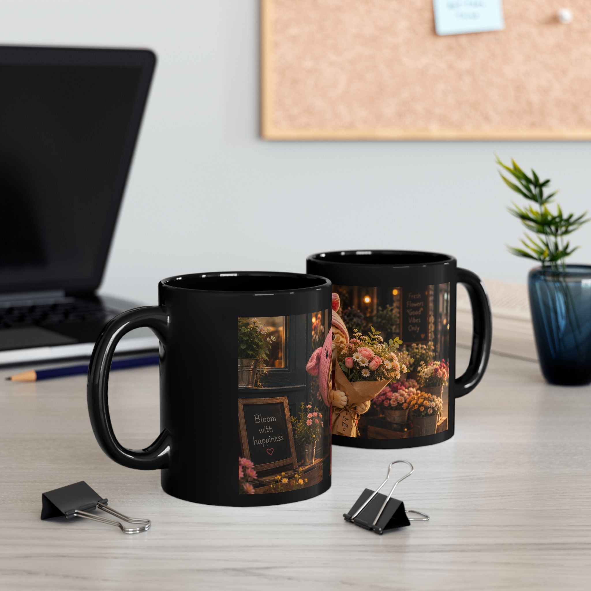 Porky with Flowers — Black Ceramic Mug