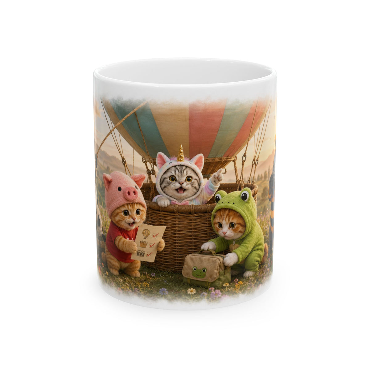Hot Air Balloon Ceramic Mug – Cute Kitten Travel Adventure