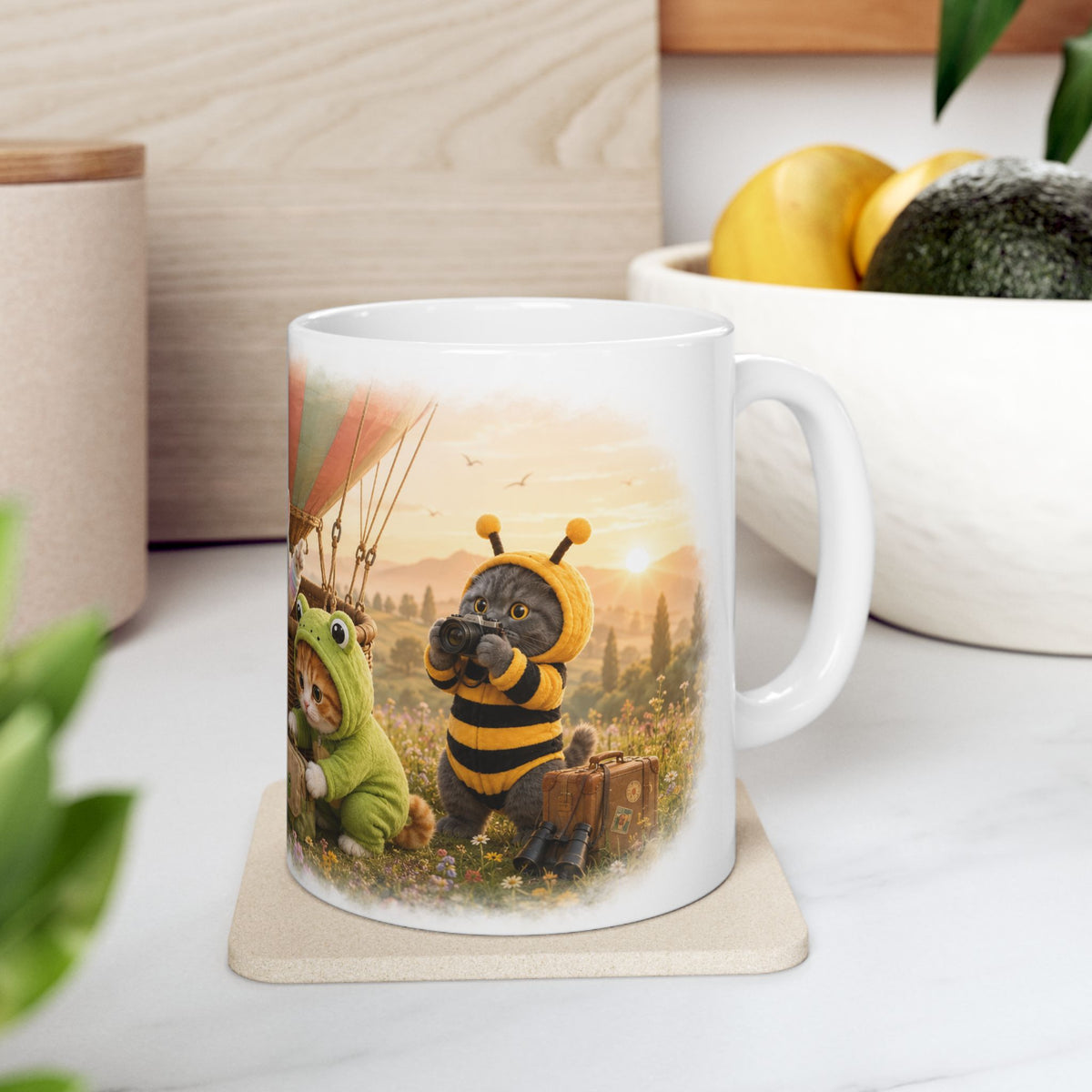 Hot Air Balloon Ceramic Mug – Cute Kitten Travel Adventure