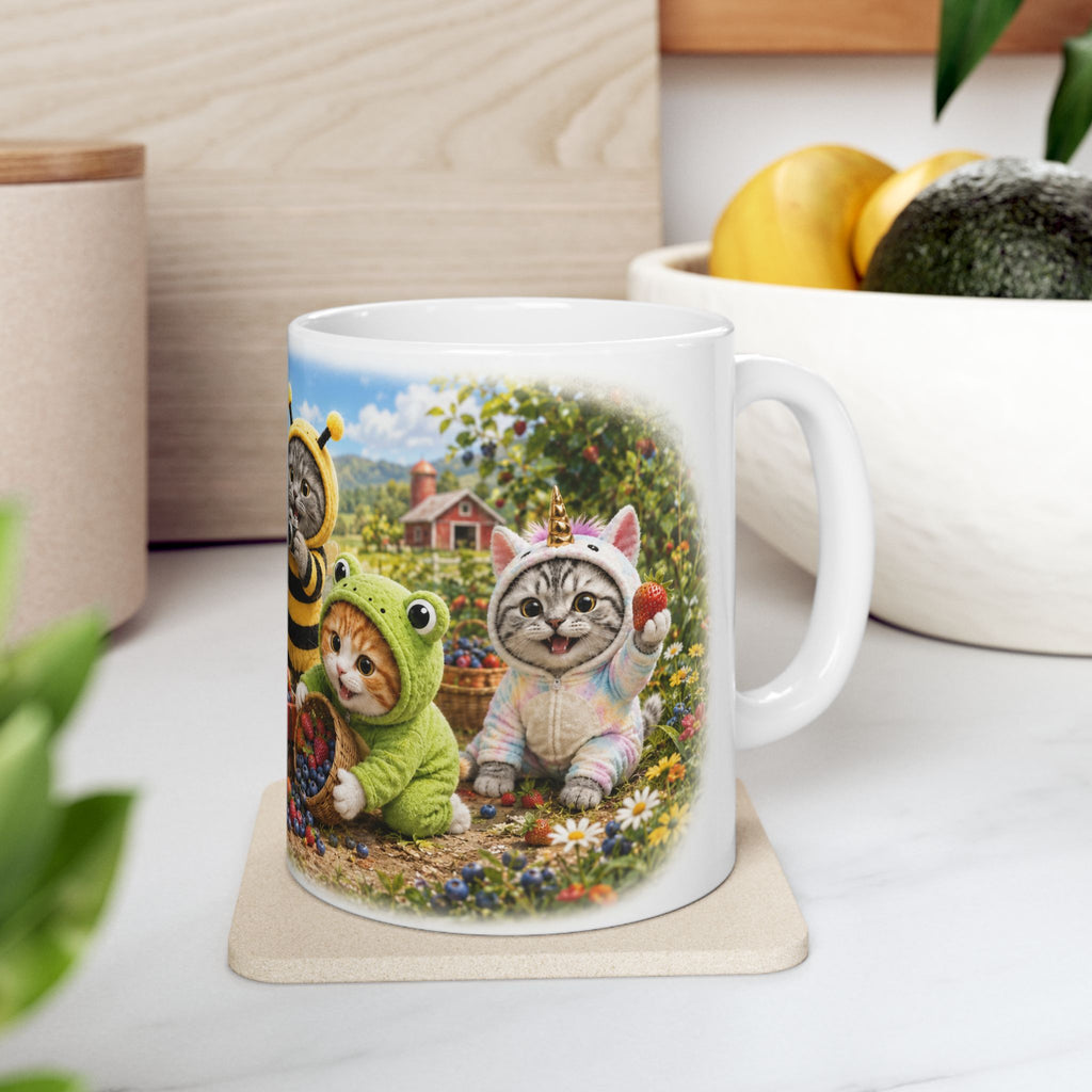 Berry Picking Ceramic Mug – Cute Kitten Farm Adventure