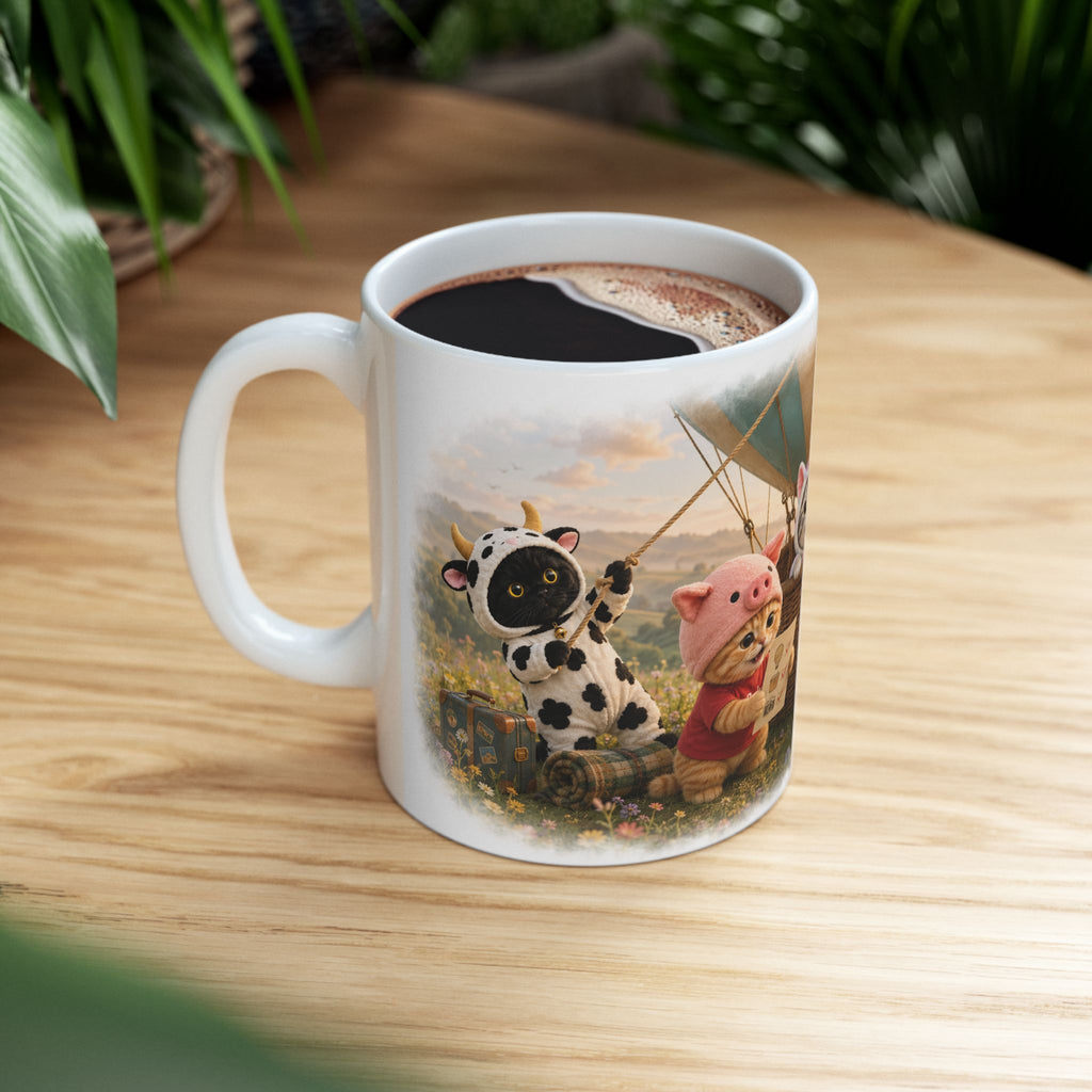 Hot Air Balloon Ceramic Mug – Cute Kitten Travel Adventure