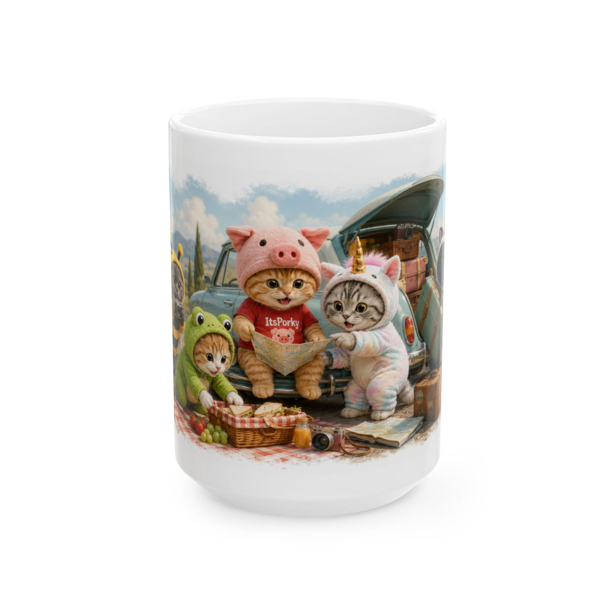 Road Trip Picnic Ceramic Mug – Cute Kitten Travel Adventure