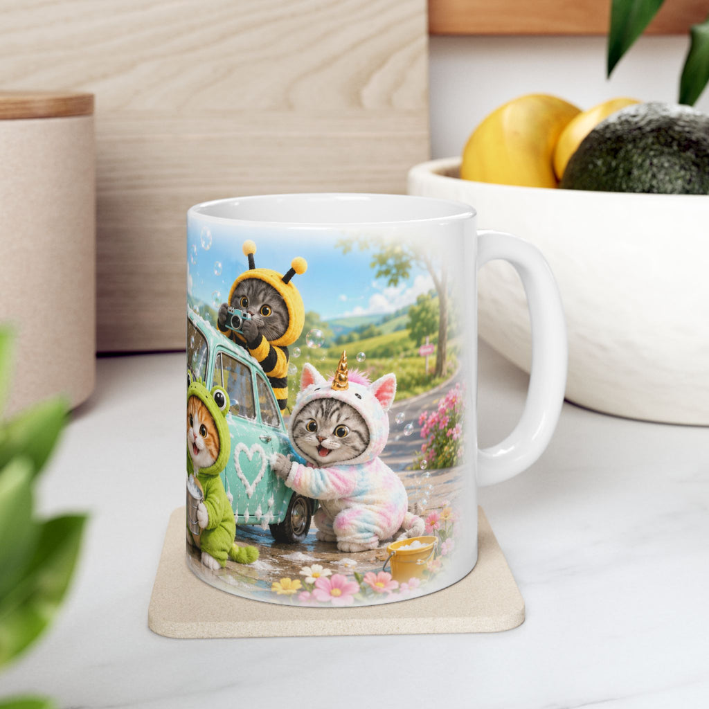 Car Wash Ceramic Mug – Cute Kitten Road Trip Adventure