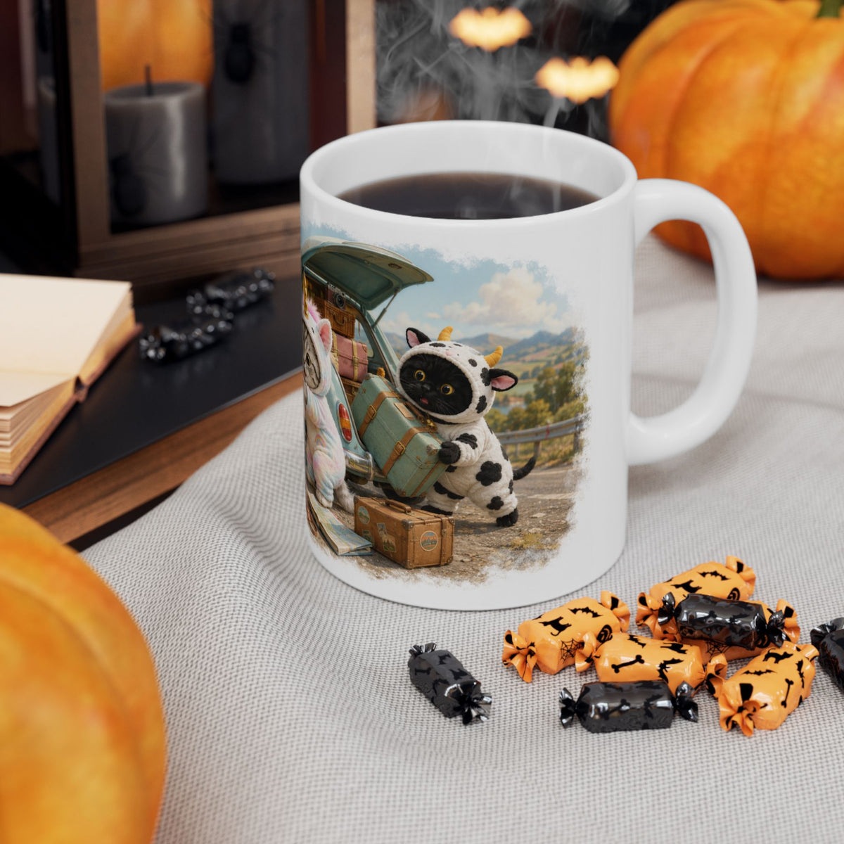 Road Trip Picnic Ceramic Mug – Cute Kitten Travel Adventure