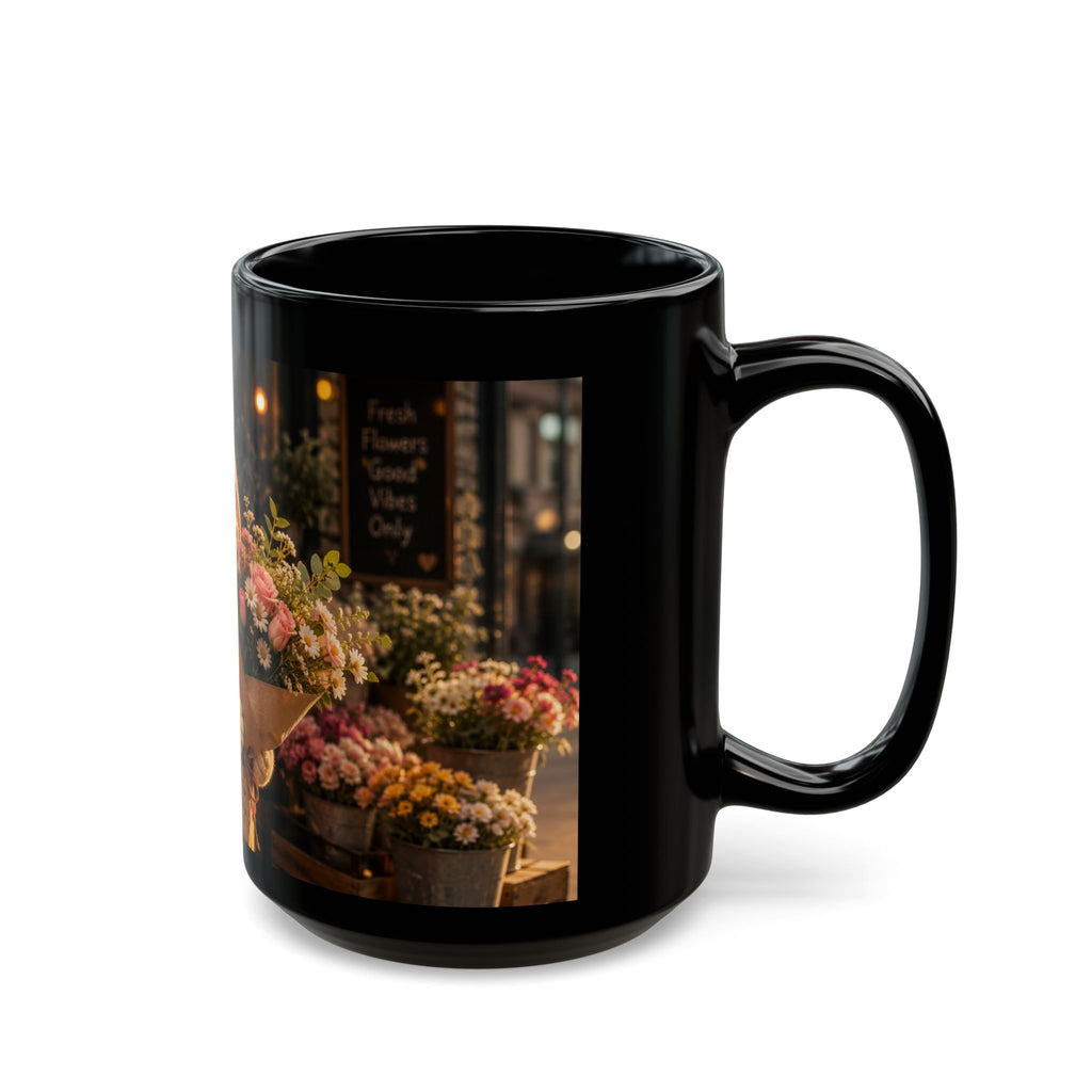 Porky with Flowers — Black Ceramic Mug