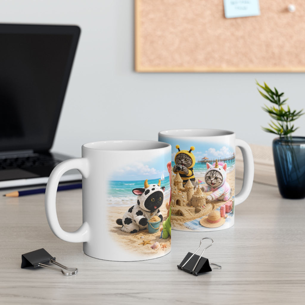Beach Day Ceramic Mug – Cute Kitten Sandcastle Adventure