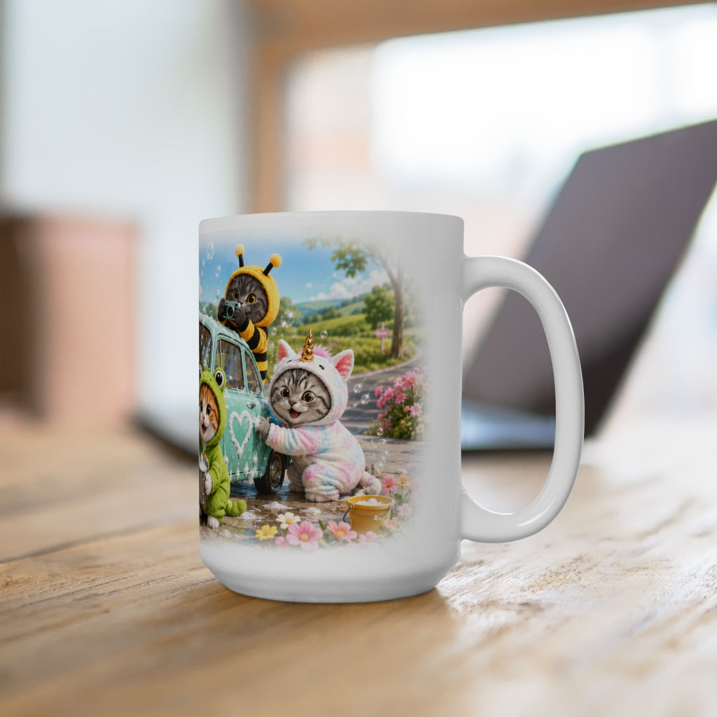 Car Wash Ceramic Mug – Cute Kitten Road Trip Adventure