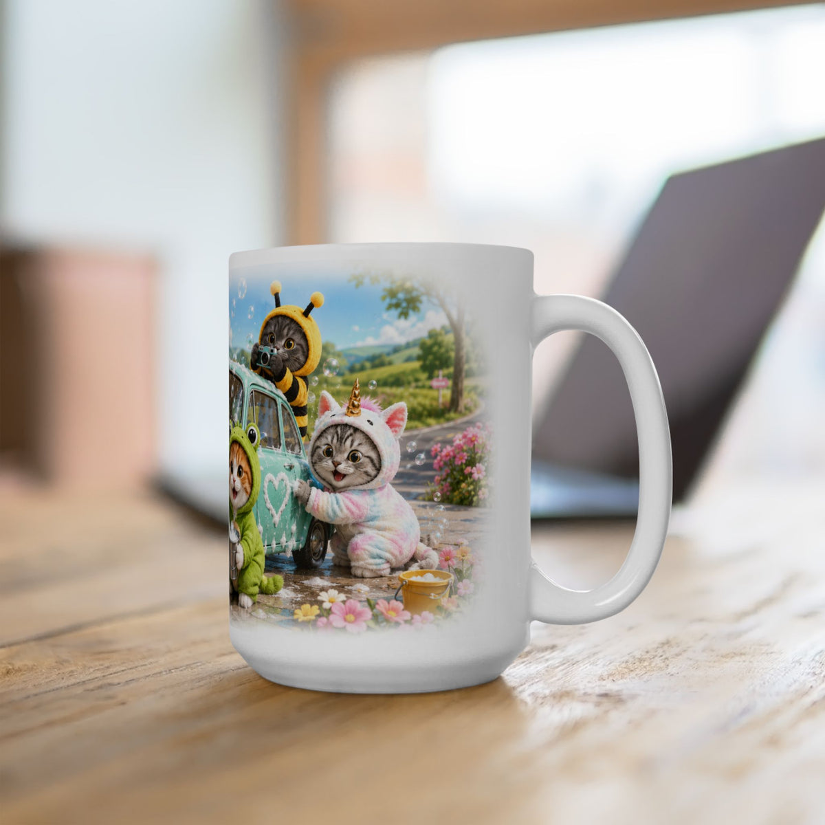 Car Wash Ceramic Mug – Cute Kitten Road Trip Adventure