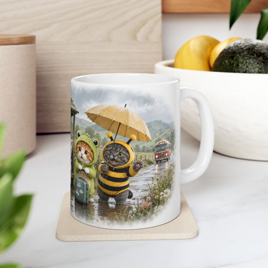 Rainy Day Ceramic Mug – Cute Kitten Bus Stop Adventure
