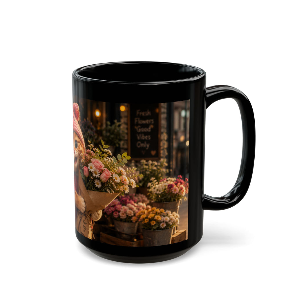 Porky with Flowers — Black Ceramic Mug