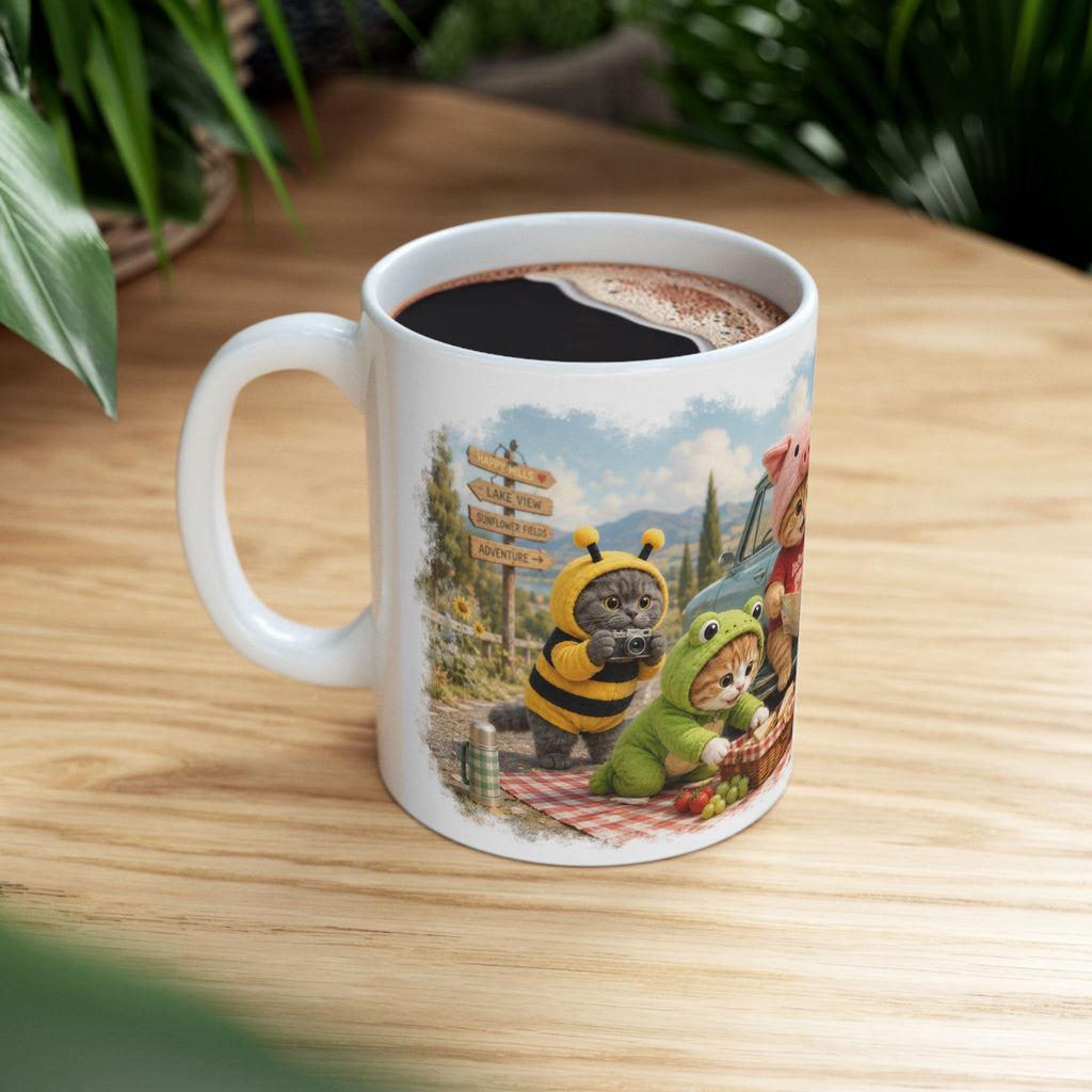 Road Trip Picnic Ceramic Mug – Cute Kitten Travel Adventure