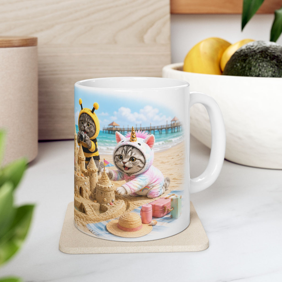 Beach Day Ceramic Mug – Cute Kitten Sandcastle Adventure