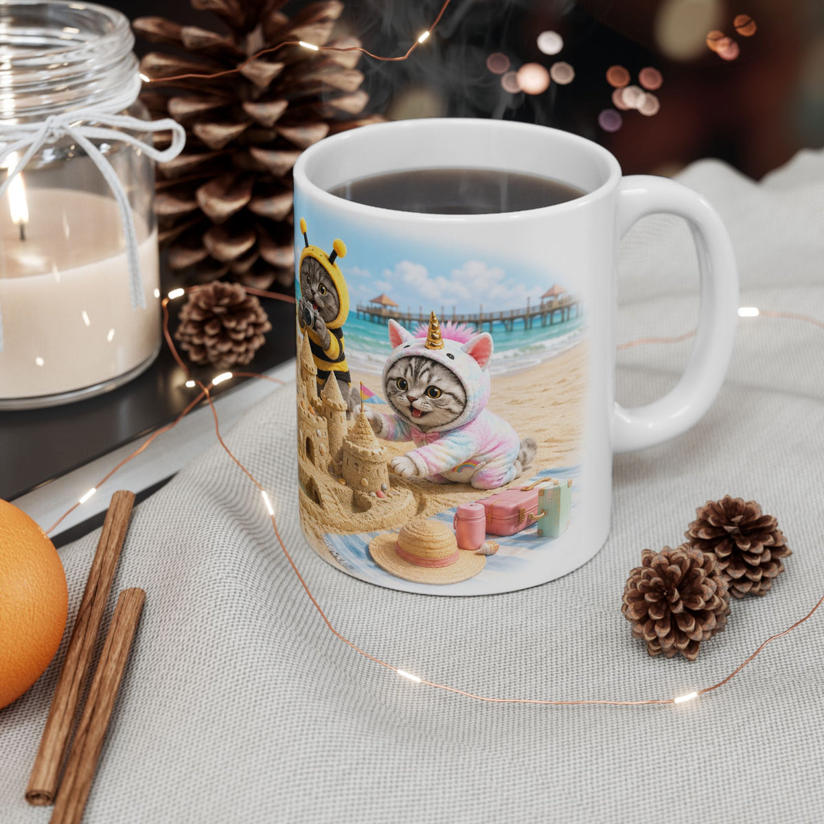 Beach Day Ceramic Mug – Cute Kitten Sandcastle Adventure