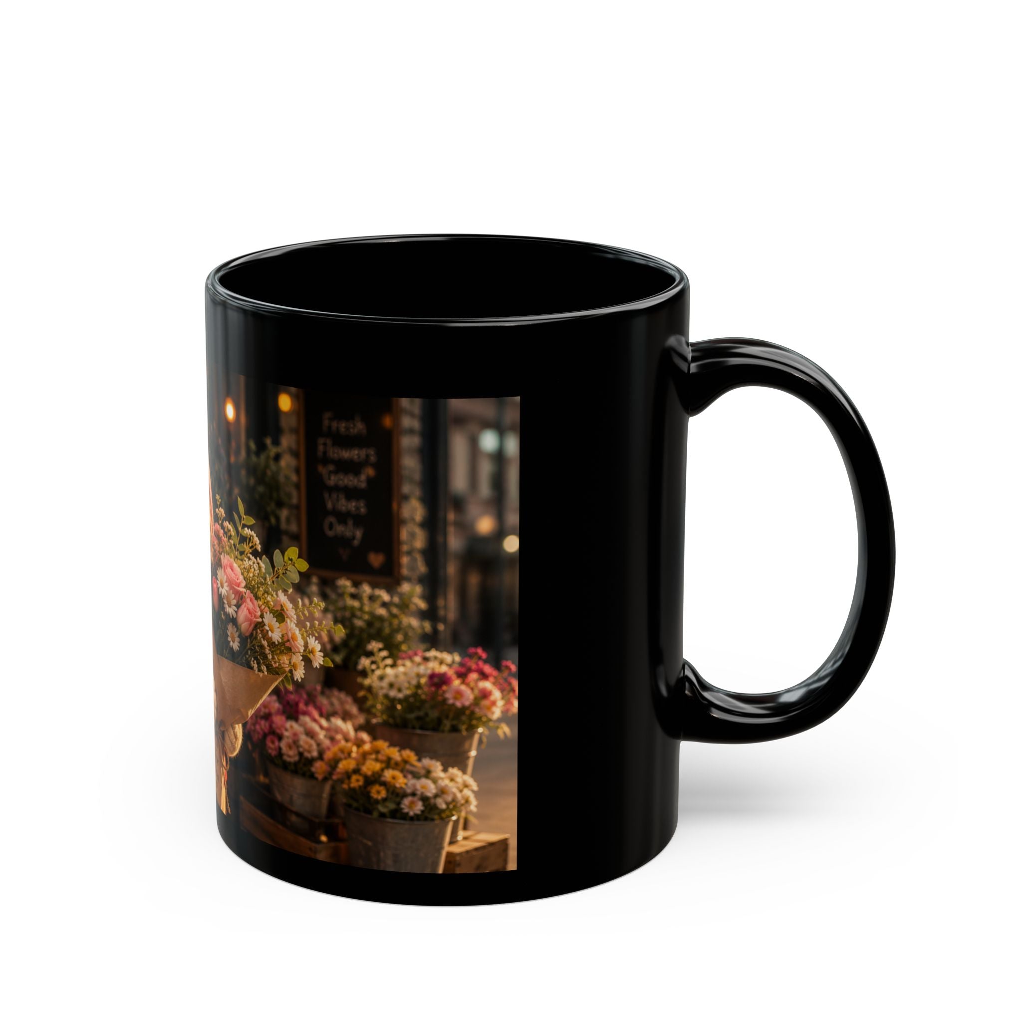 Porky with Flowers — Black Ceramic Mug