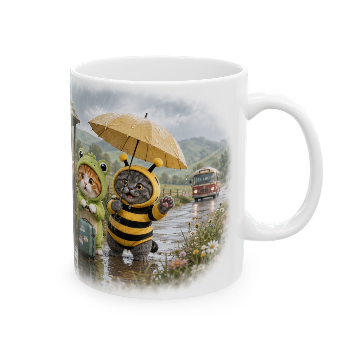 Rainy Day Ceramic Mug – Cute Kitten Bus Stop Adventure